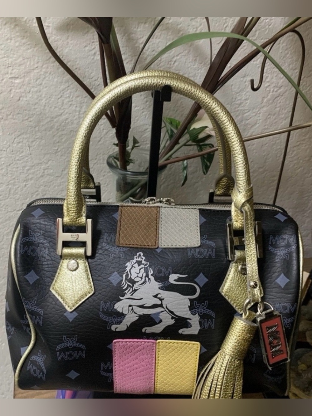 Authentic MCM Black Satchel with Gold Handles and Multicolor Accents
